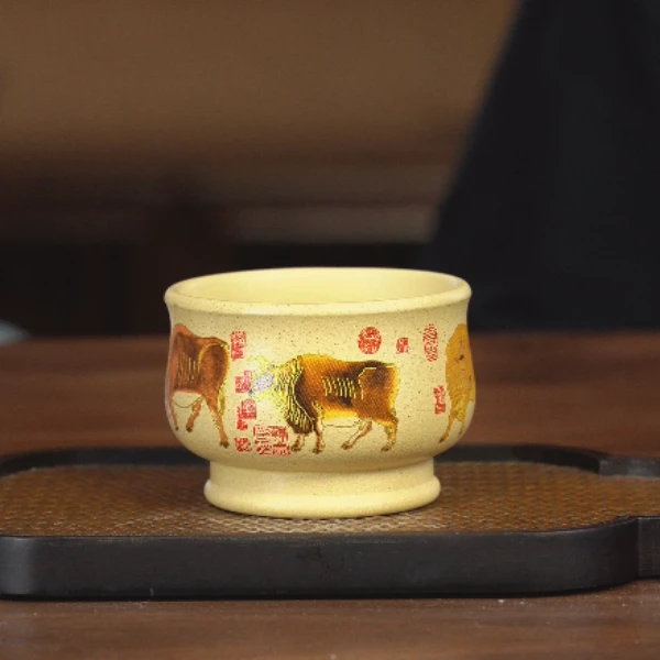 6169原矿紫砂茶具本山绿泥手绘五牛图主人杯130cc