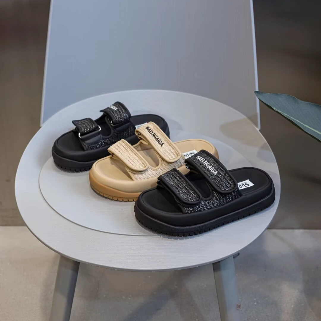 正品踩屎感厚底拖鞋女2025款时尚凉拖百搭外穿魔术贴一字拖08-05