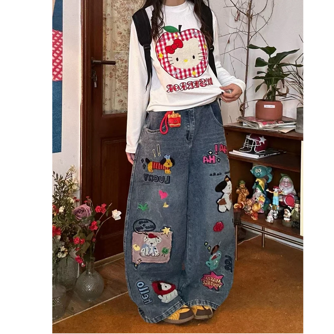 美式复古毛巾绣小狗牛仔裤女2025秋季新款宽松bf韩系街头阔腿裤