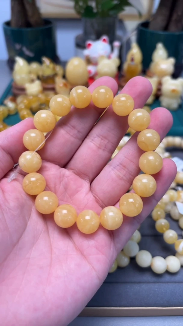 手串琥珀未镶嵌p23精品原矿俄料鸡油黄 19.77克 12+mm
