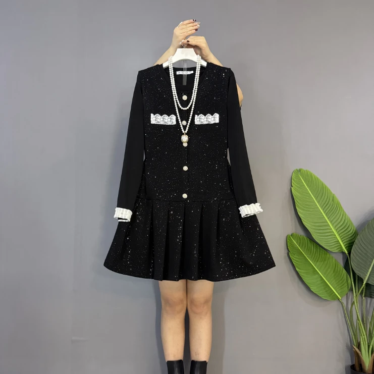 新款大码女装时尚洋气亮闪闪小香风马甲十打底衫两件套套装