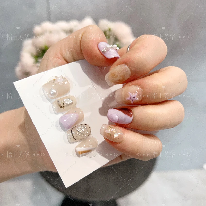 原创实拍紫色晕染贝壳造型手工穿戴甲片夏季可爱短款