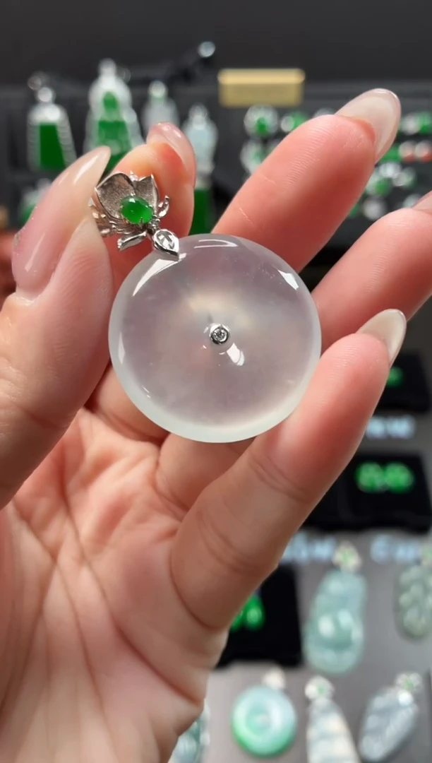 吊坠(不含链)18K金镶嵌翡翠高冰玻璃种平安扣