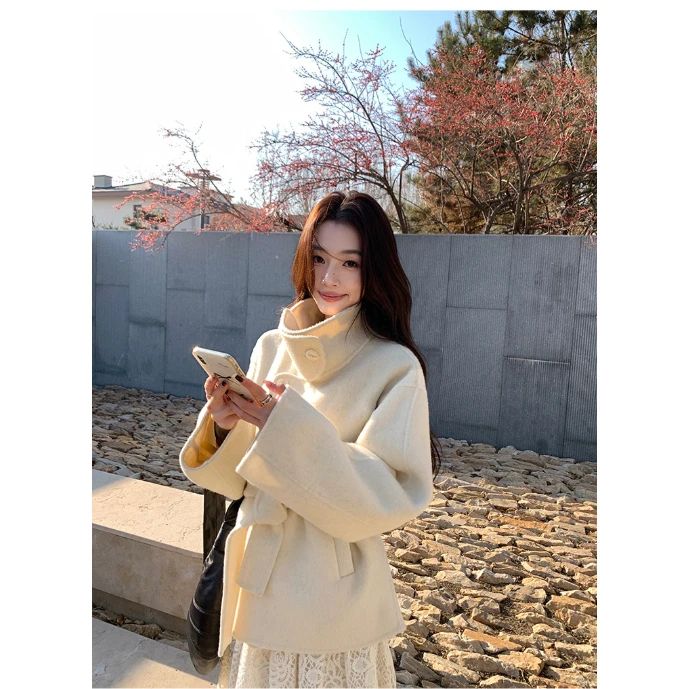 pusumede 配腰带~智奢100%羊毛双面呢大衣女可翻折立领毛呢外套