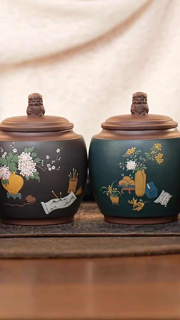 紫砂茶叶罐佛*三星高照禄星四件套