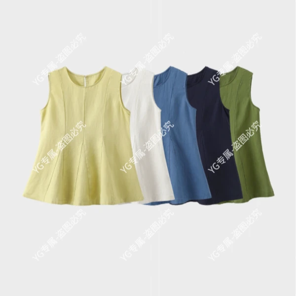 YG2089韩系文艺范荷叶边气质小衫通勤纯色吊带显瘦时尚无袖上衣女