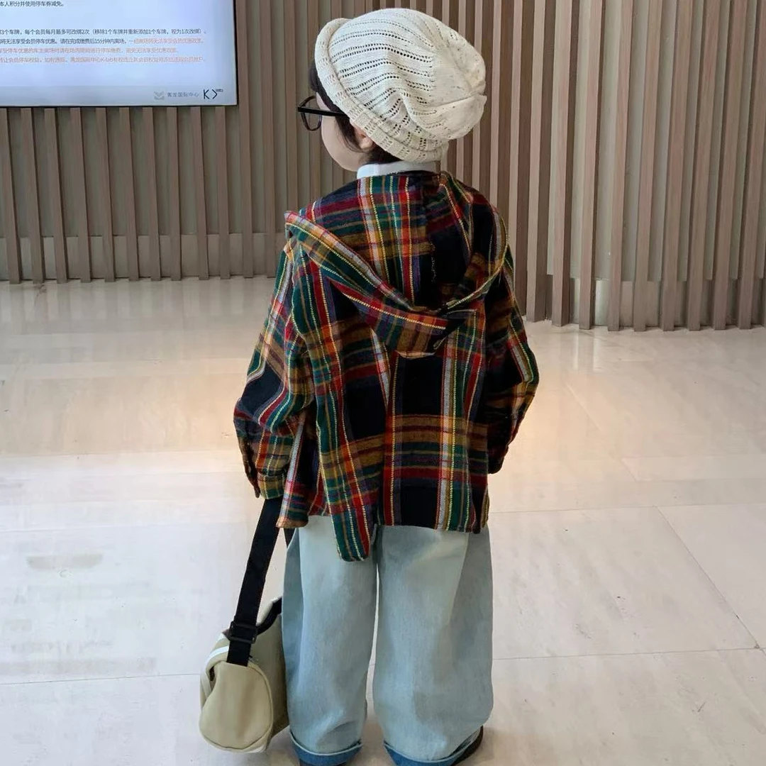 幂姐童装 儿童衬衫外套2025新款秋季连帽格子衫百搭洋气上衣帽衫