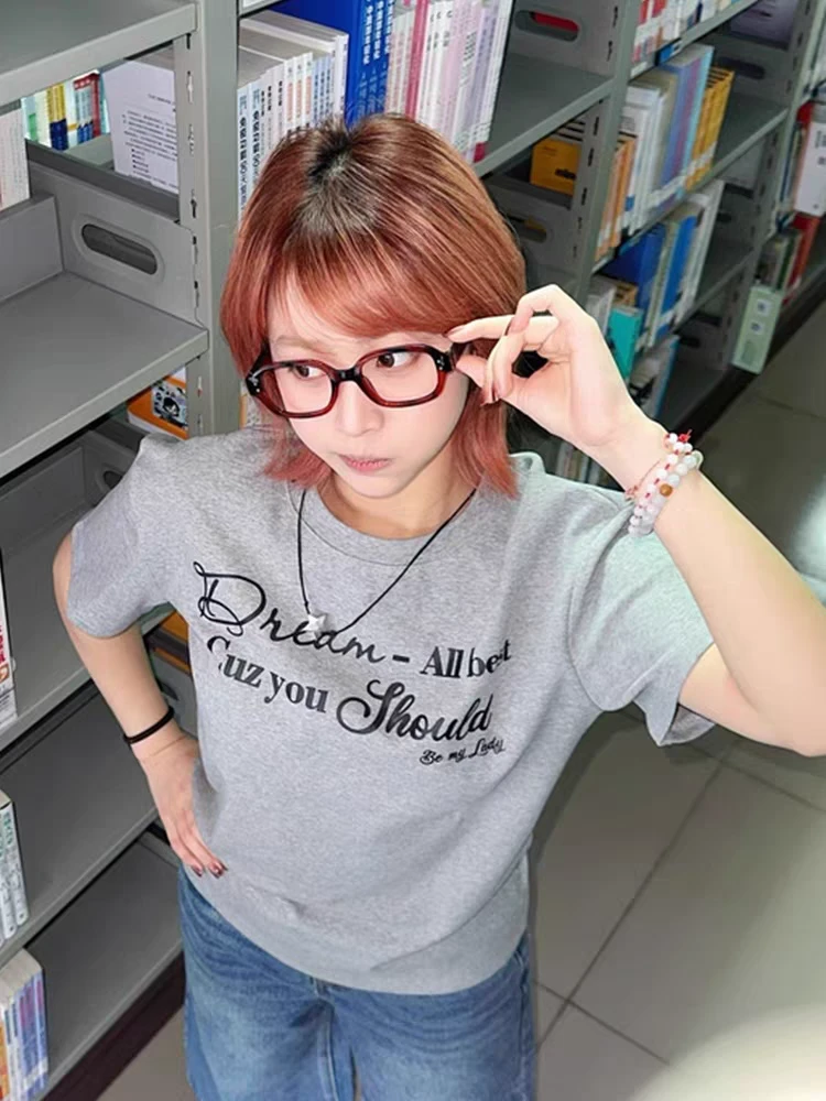 005 韩版字母印花圆领短袖t恤宽松简约潮休闲小众百搭上衣