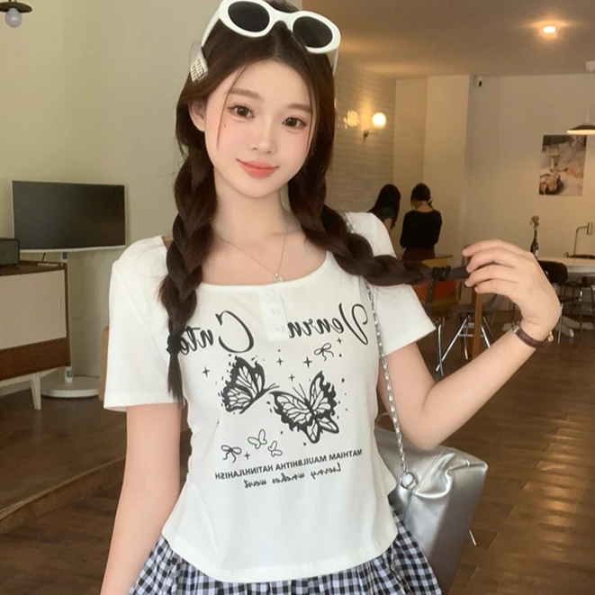 Q【涵胖胖】2025夏装新款胖mm大码女时尚蝴蝶印花短袖T恤A1320