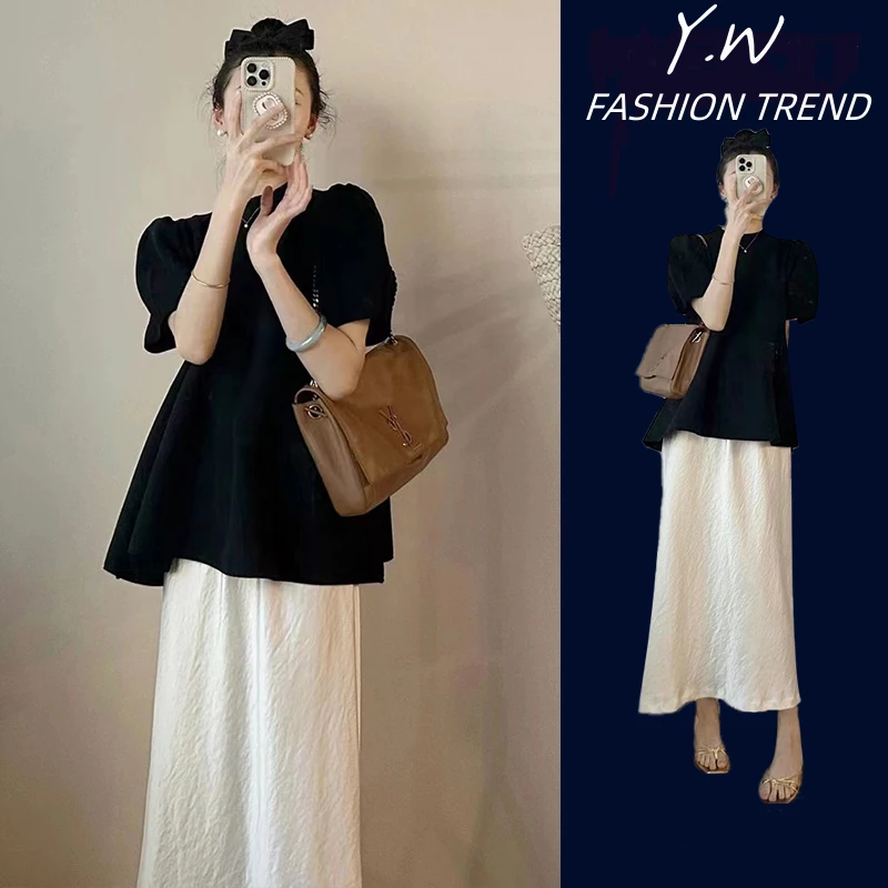 孕妇装夏装2025新款时尚款韩版短袖上衣女遮肉显瘦休闲白色半身裙