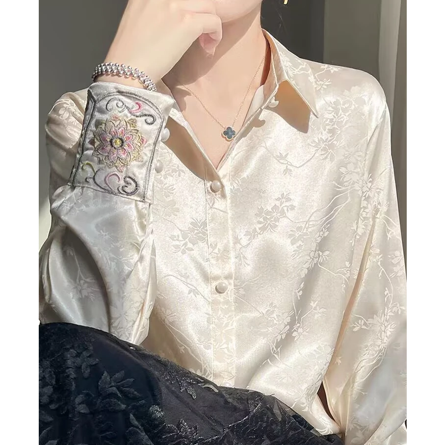 新中式缎面雪纺提花衬衫女2025春季新款复古国风上衣设计长袖衬衣