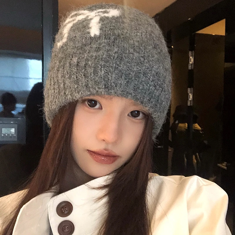 蝴蝶结针织毛线帽子女款秋冬季新款日式简约加绒保暖大头围冷帽女