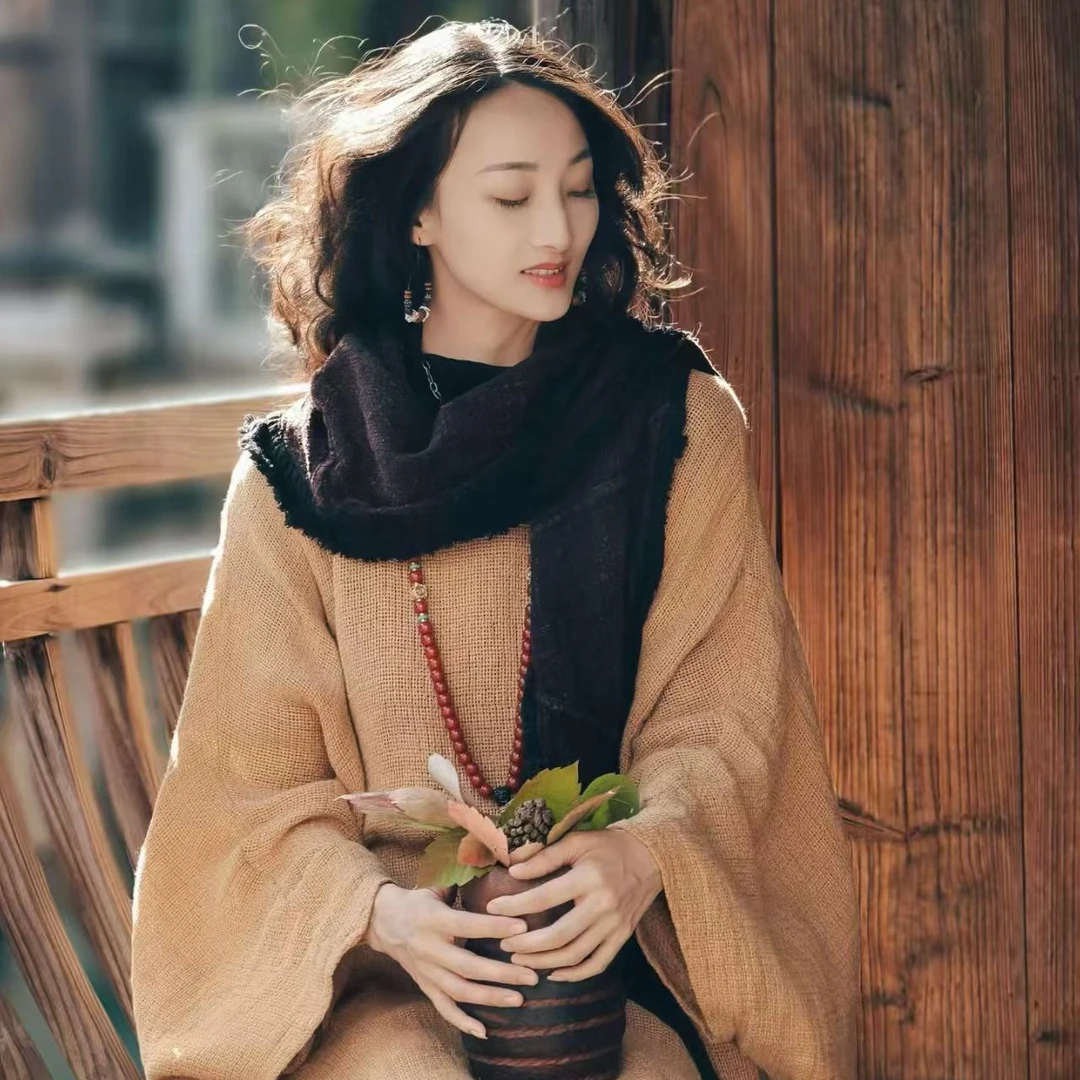 静一分享【南枝】#25405A 方格粗麻百搭时尚休闲多手工盘扣大袍子