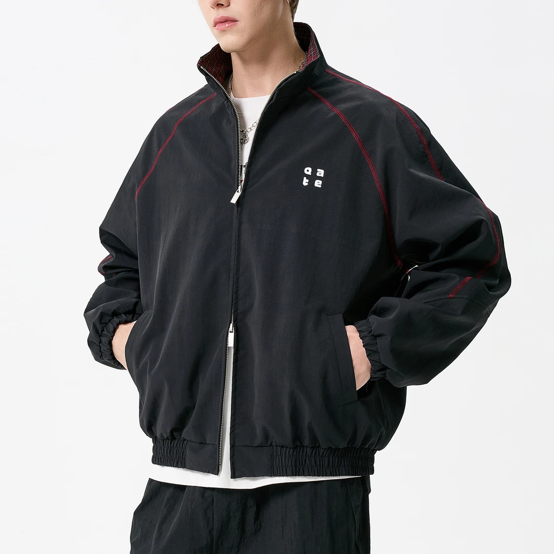 秋季美式立领夹克春秋男潮牌宽松撞色字母绣花户外运动短款外套潮