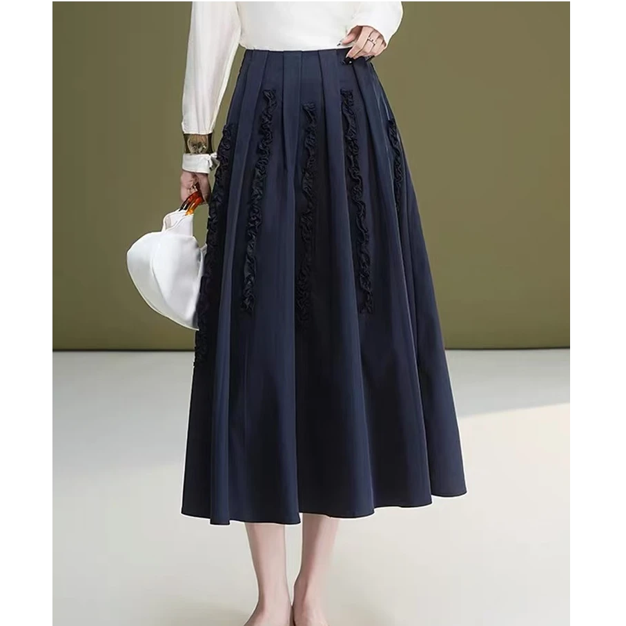 2025秋季小众设计感木耳边口袋显瘦大摆半身裙法式复古轻熟风裙子