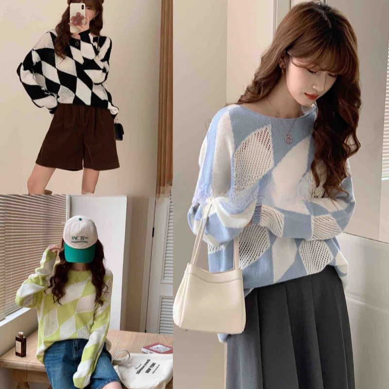 【素简.870195】春夏新款混纺韩版菱格气质时尚女装针织衫（8.2福利）