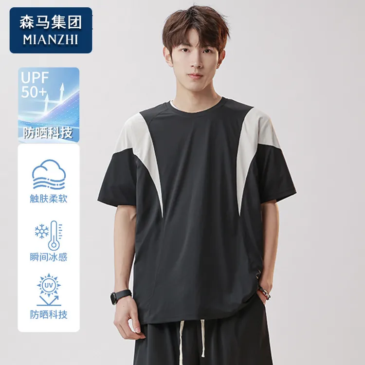 棉致拼接短袖T恤男士薄款透气速干运动衣服夏季宽松休闲圆领体恤