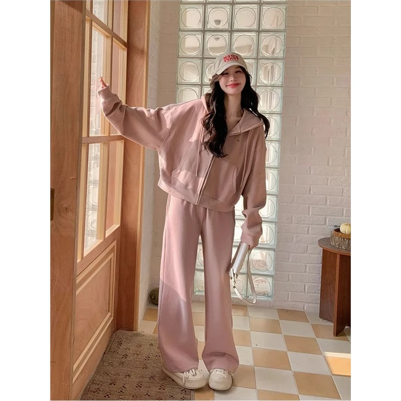 大码春秋款时尚休闲运动套装女新款胖MM宽松连帽卫衣阔腿裤两件套