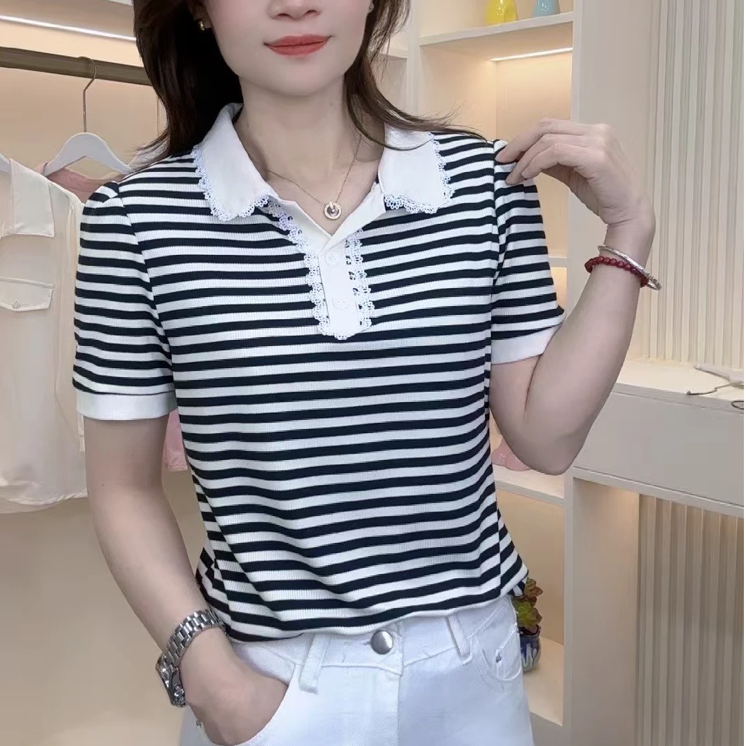 NZ 领口蕾丝拼接时尚百搭修身显瘦2025夏季新款短袖女POLO上衣
