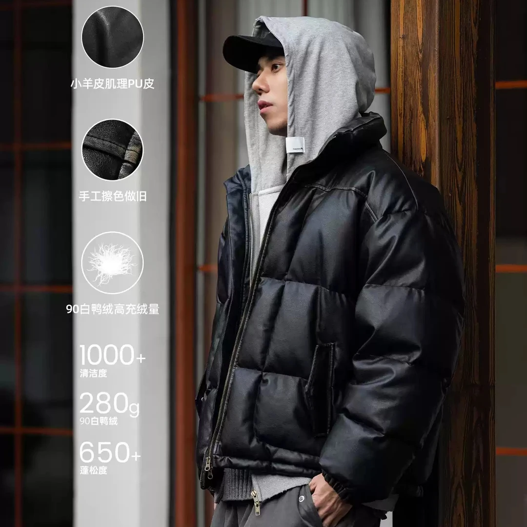 MASSULTI 24AW质感做旧小羊皮肌理PU皮 90白鸭绒哈灵顿面包羽绒服