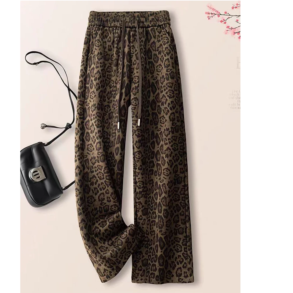 915款豹纹窄版直筒高腰松紧腰直筒裤