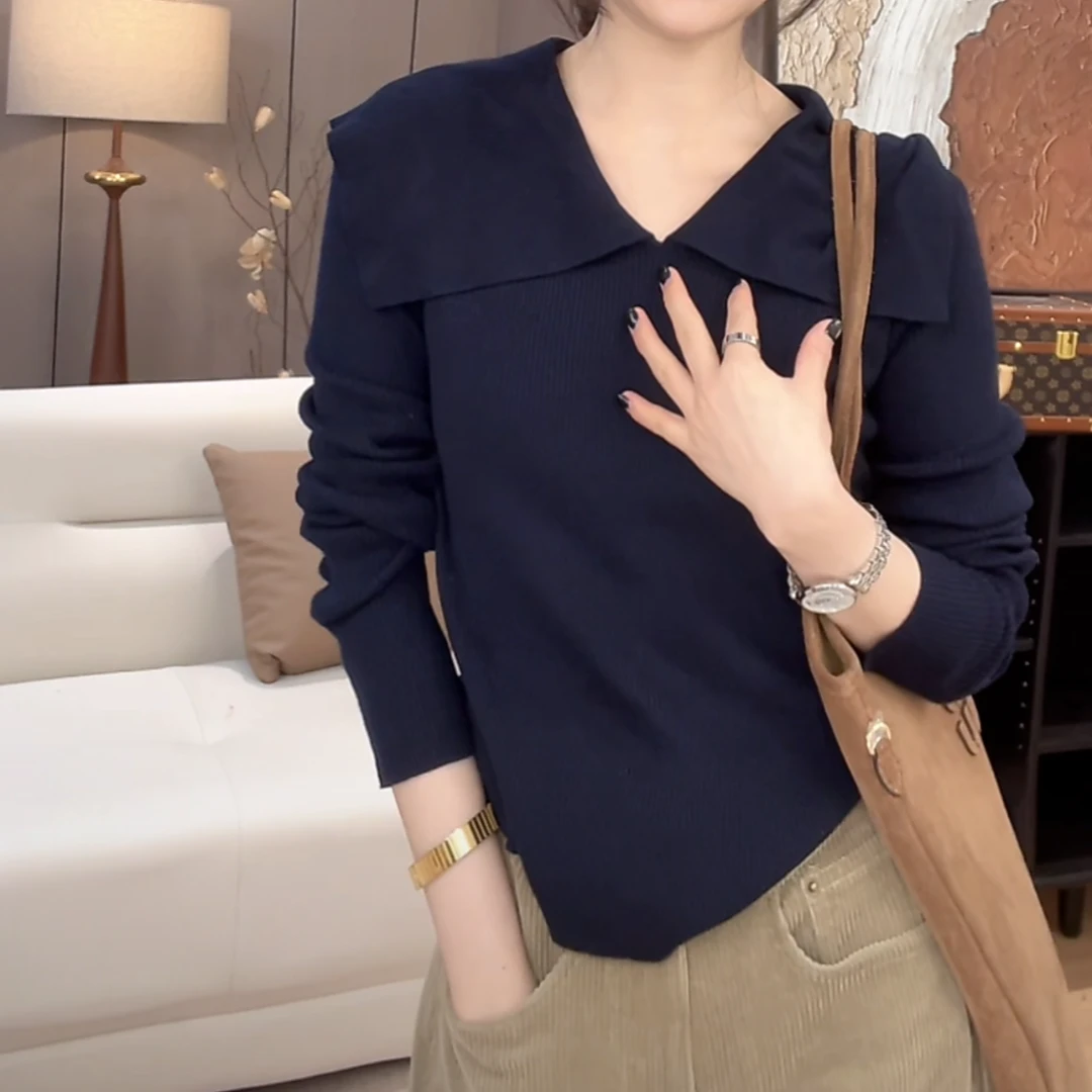轻奢极简气质大翻领毛针织上衣2025新款春季纯色气质长袖T恤女
