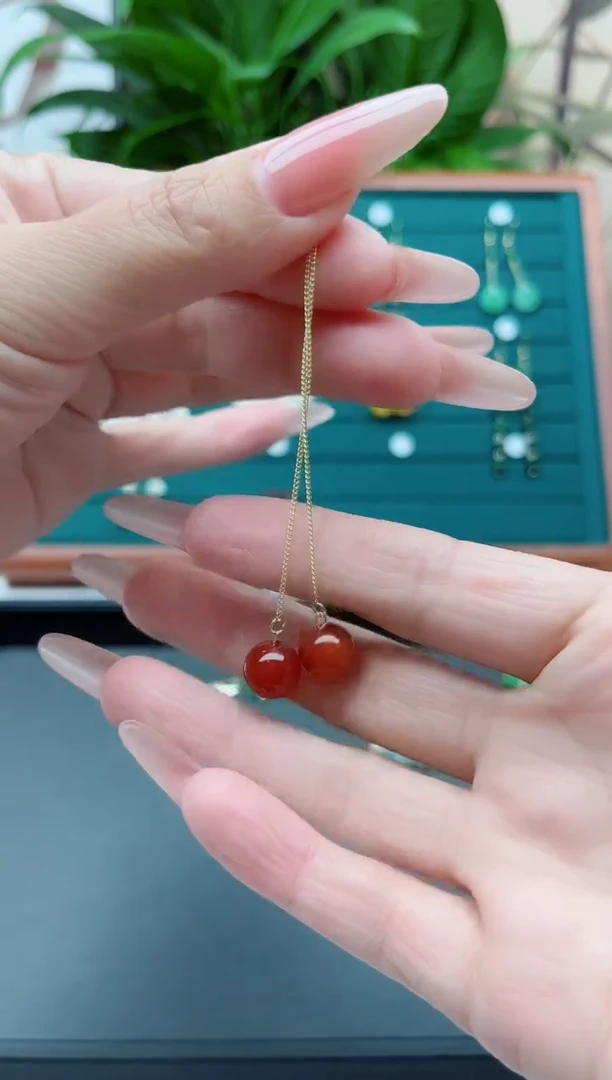 【闪购商品】南红玛瑙耳饰银S925镀金镶嵌00耳线红