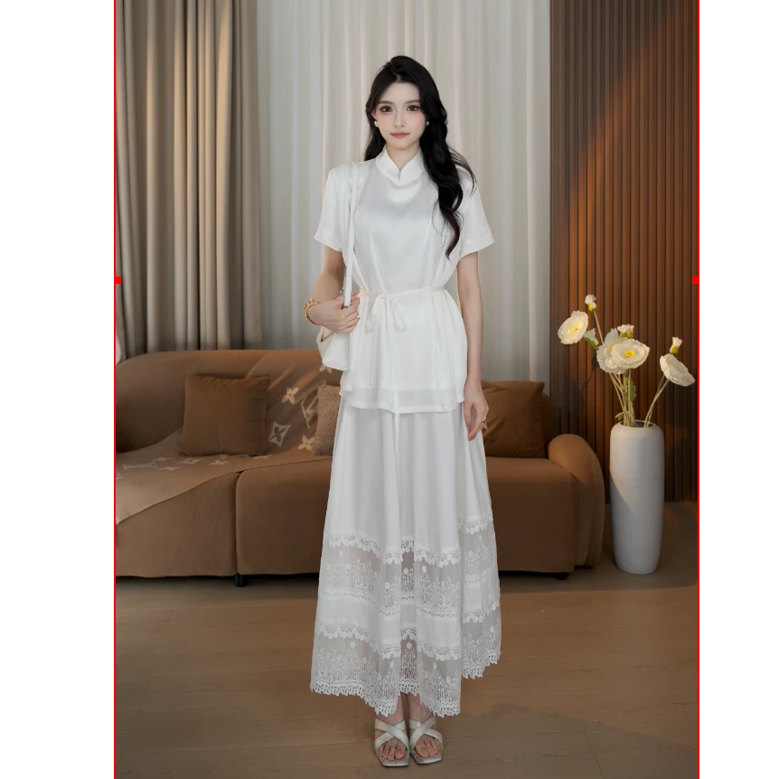 CHUCHU【清韵芊芊】白色复古气质半裙XMZH8023半身裙夏季蕾丝新中式