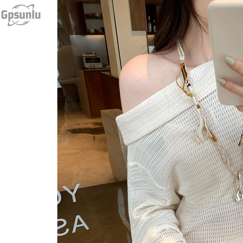 gpsunlu宽松慵懒风一字肩斜肩长袖女早秋新款独特别致镂空上衣