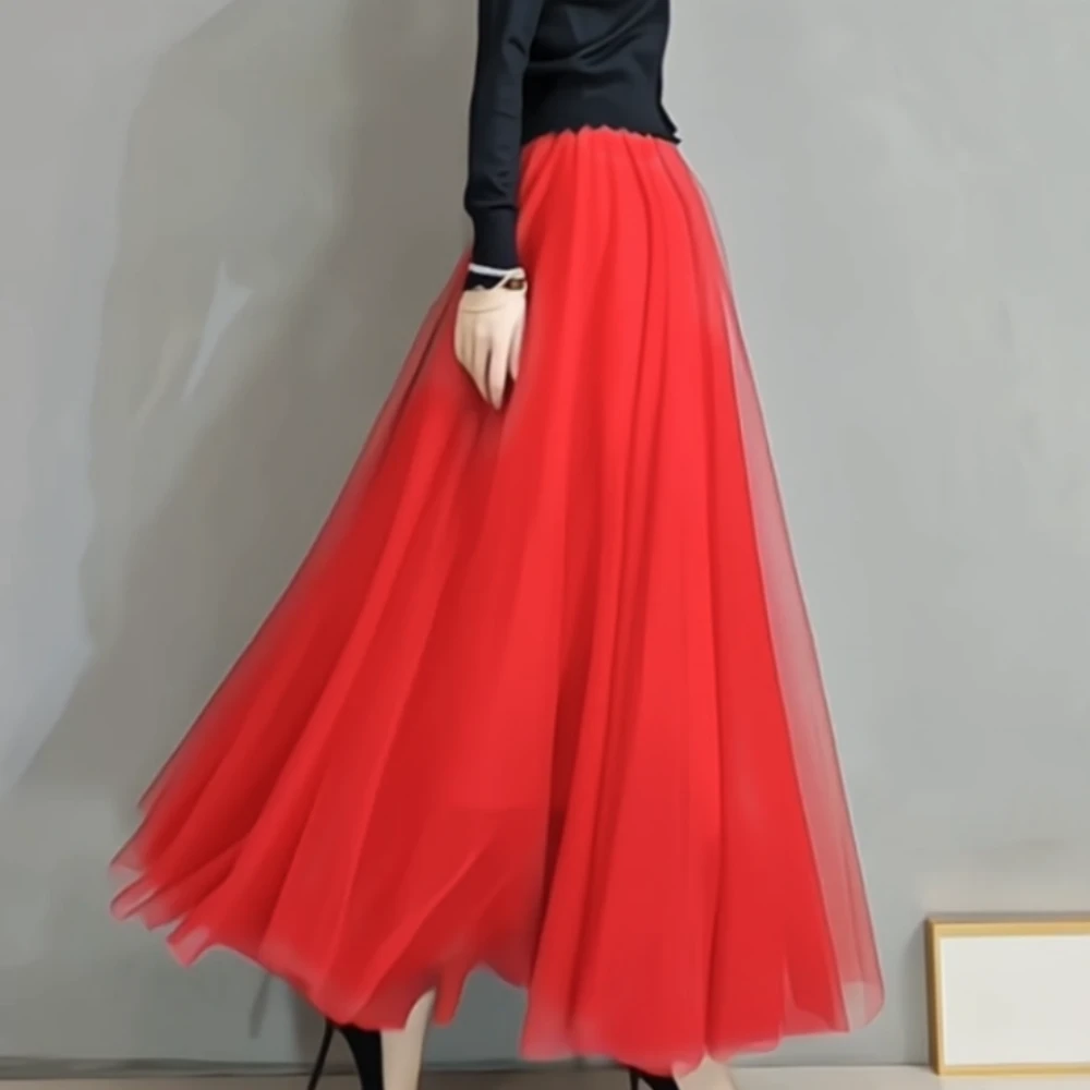 焕小沫720度长款裙子红色新疆舞显瘦度假风大码女长裙网纱半身裙