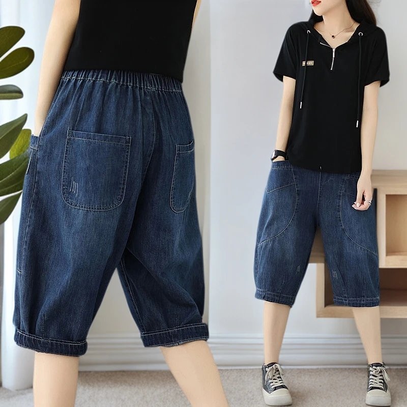 大码松紧腰五分牛仔裤女2025夏季薄款宽松显瘦百搭哈伦裤六分中裤