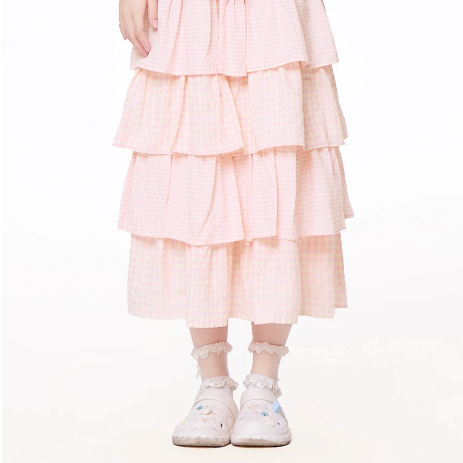 PINKDOG粉狗家 小桃 甜美温柔粉格蛋糕春夏中长半身裙