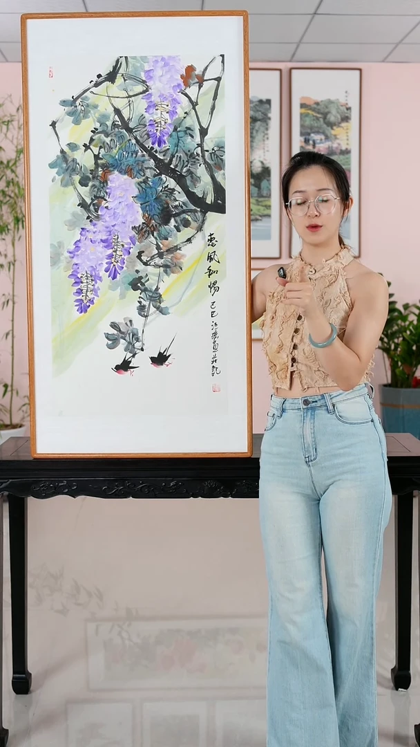 国画汪琼《惠风和畅》纯手绘檀木框122*62厘米