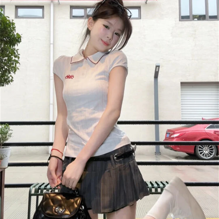夏季新款韩系女高甜辣风修身Polo衫高腰条纹百褶裙2025气质套装女