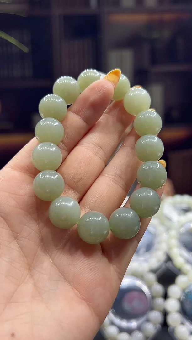 手串未镶嵌和田玉新疆且末料青白玉卡14圆珠上等和田玉手串