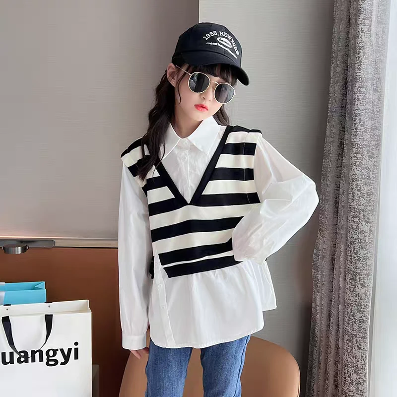 女童春秋条纹假两件衬衫A17