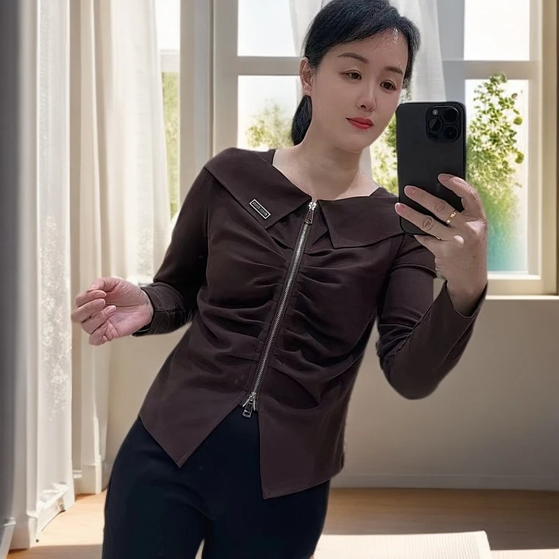 春季新款褶皱设计减龄遮腹拉链上衣572