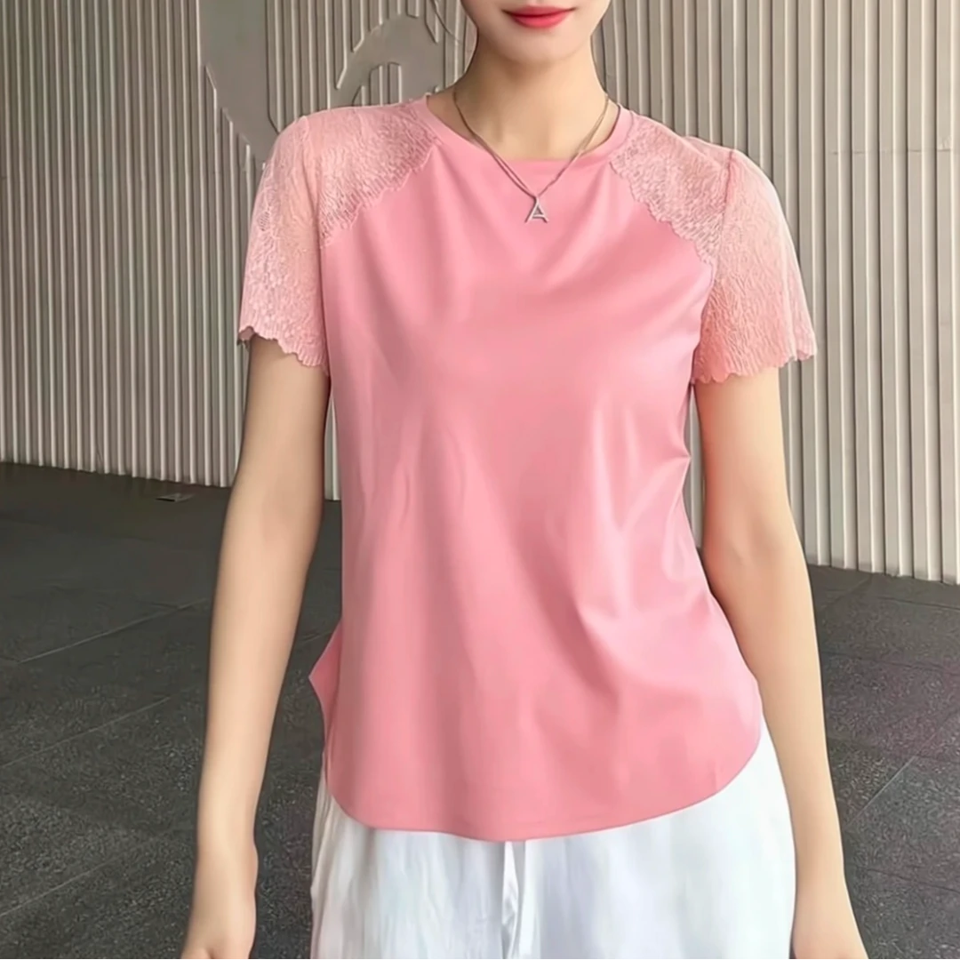 阿玛施新款质感极简风三色显瘦显高蕾丝短袖套头T极简蕾丝休闲T恤