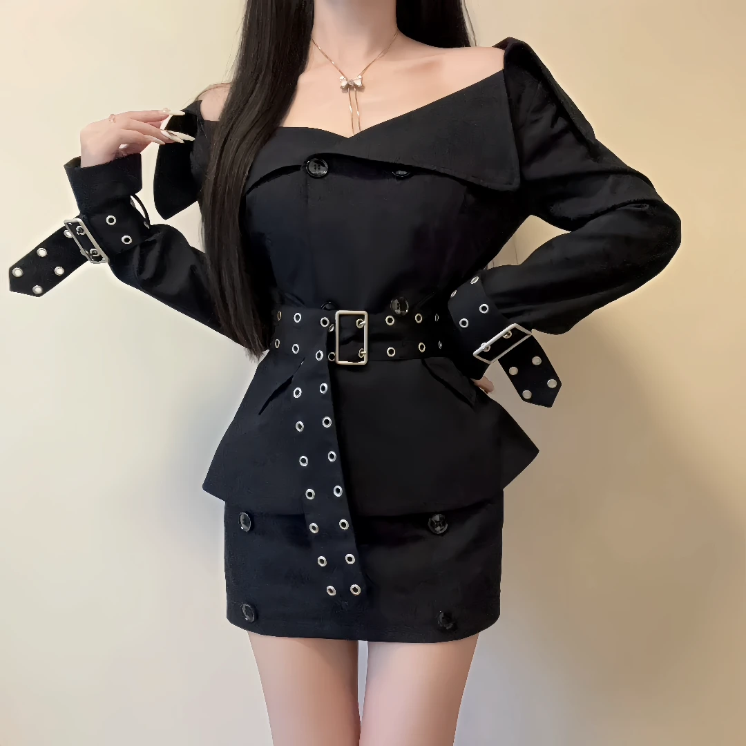 IQCQ轻奢定制气质韩版复古风衣外套女双排扣收腰显瘦半身短裙套装