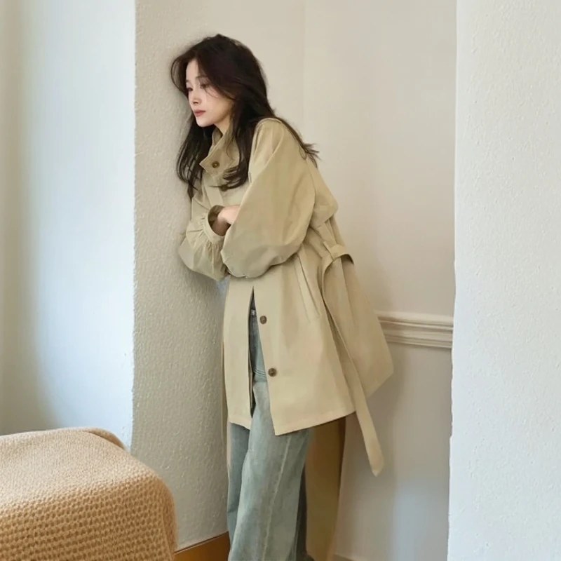 薄款立领中长款女学院风口袋风衣春秋季卡其色小个子时尚韩版外套