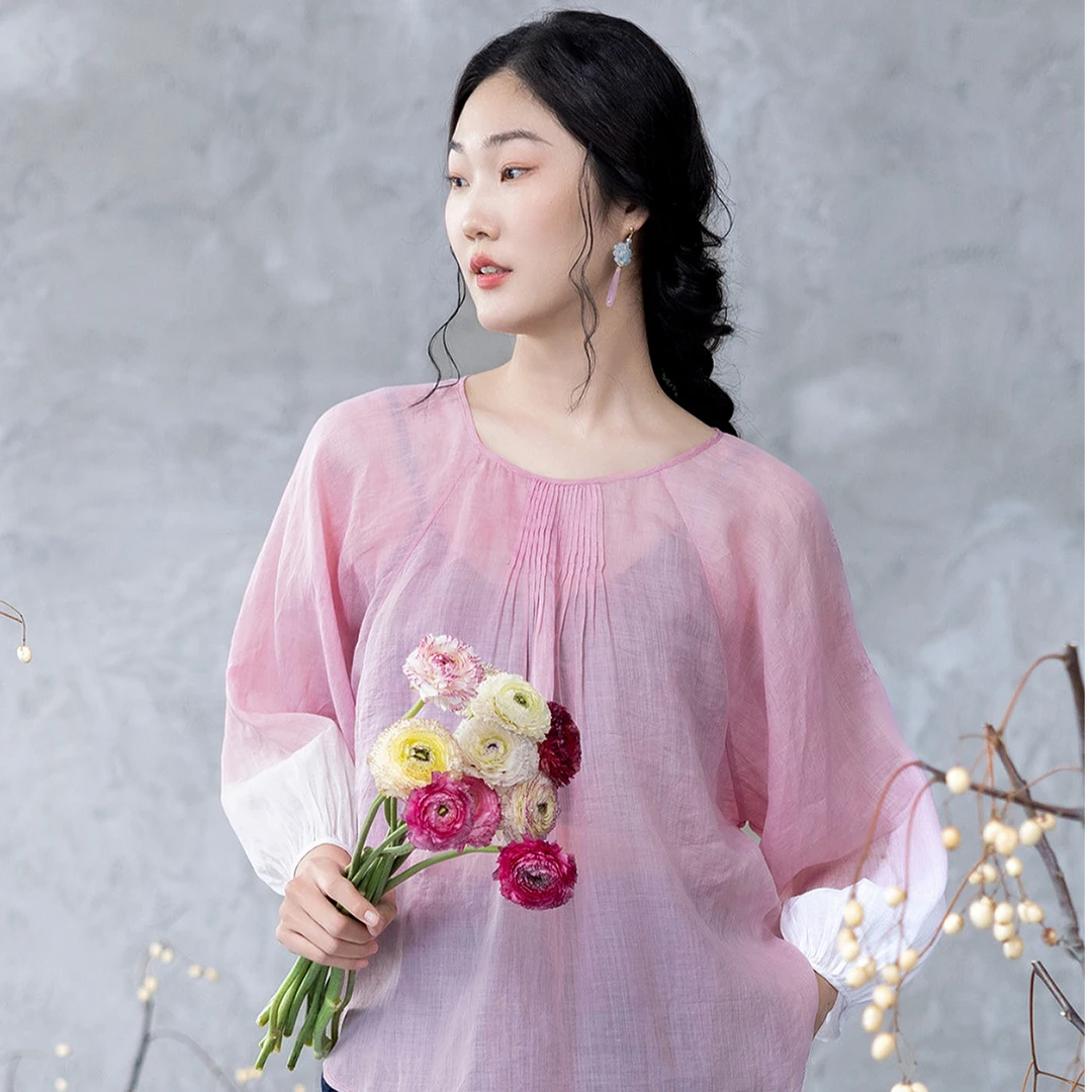 【植物染】生活在左苎麻衬衣宽松多色手工渐变2025夏季新款上衣女