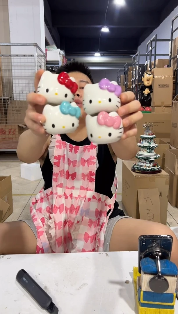瓷片四个颜色kt猫小茶杯4件套微瑕