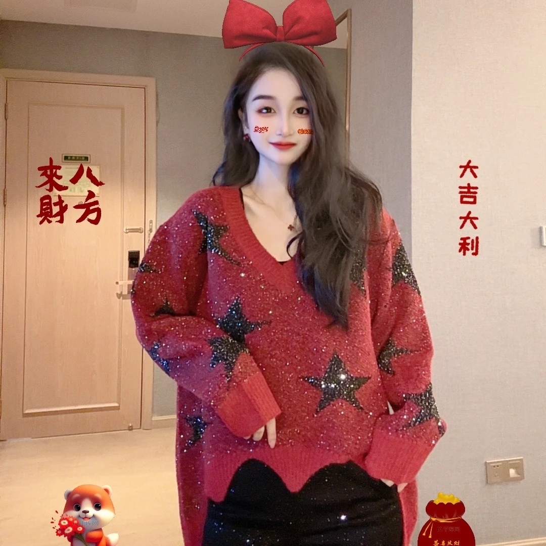 丽丽家  秋冬新款时尚V领烫钻星星长袖毛衣