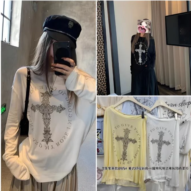 夏季莱赛尔天丝雪花棉韩系斜肩辣妹十字架印花长袖空调罩衫8268