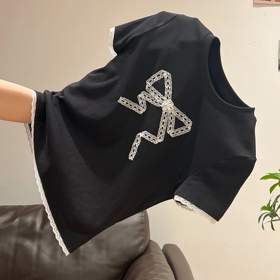 韩系纯欲蕾丝花边性感短袖T恤女2025夏季蝴蝶结拼接修身上衣