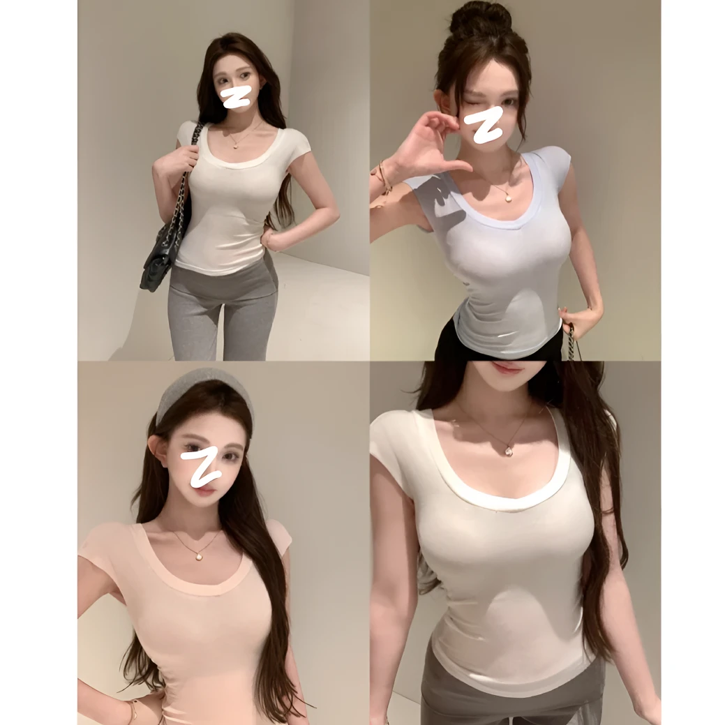 2025夏季新款V领薄感微透小飞袖纯欲百搭小众设计感短袖T桖上衣女