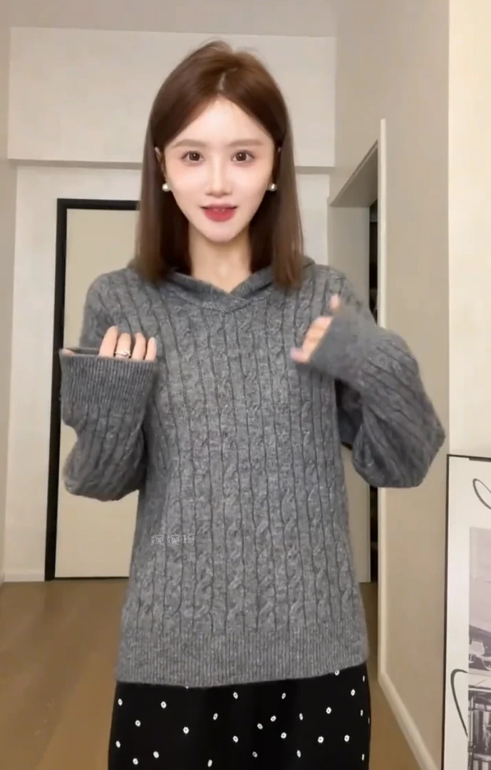 麻花连帽套头毛衣女秋冬复古慵懒风宽松针织衫上衣2025新款