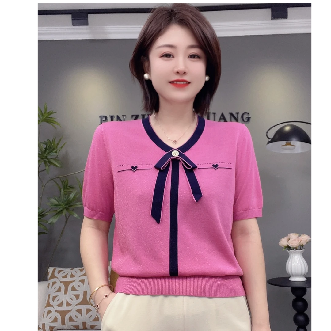 新款飘带设计感撞色高档天丝半袖A55735