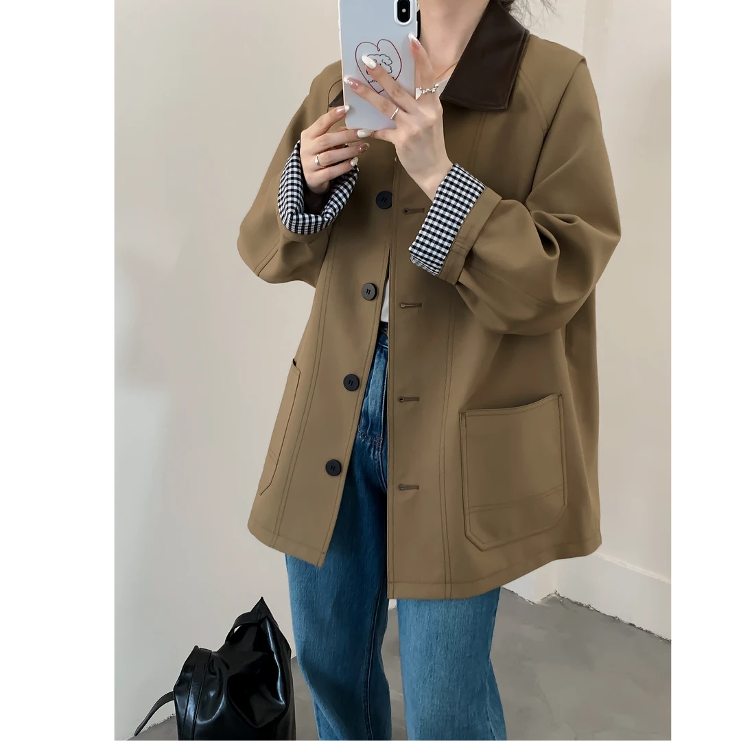 Benview复古撞色高级感风衣韩系宽松英伦风工装大衣小个子外套秋