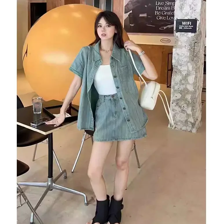 复古港风牛仔套装女2025夏季新款时尚条纹上衣+A字半身裙两件套装